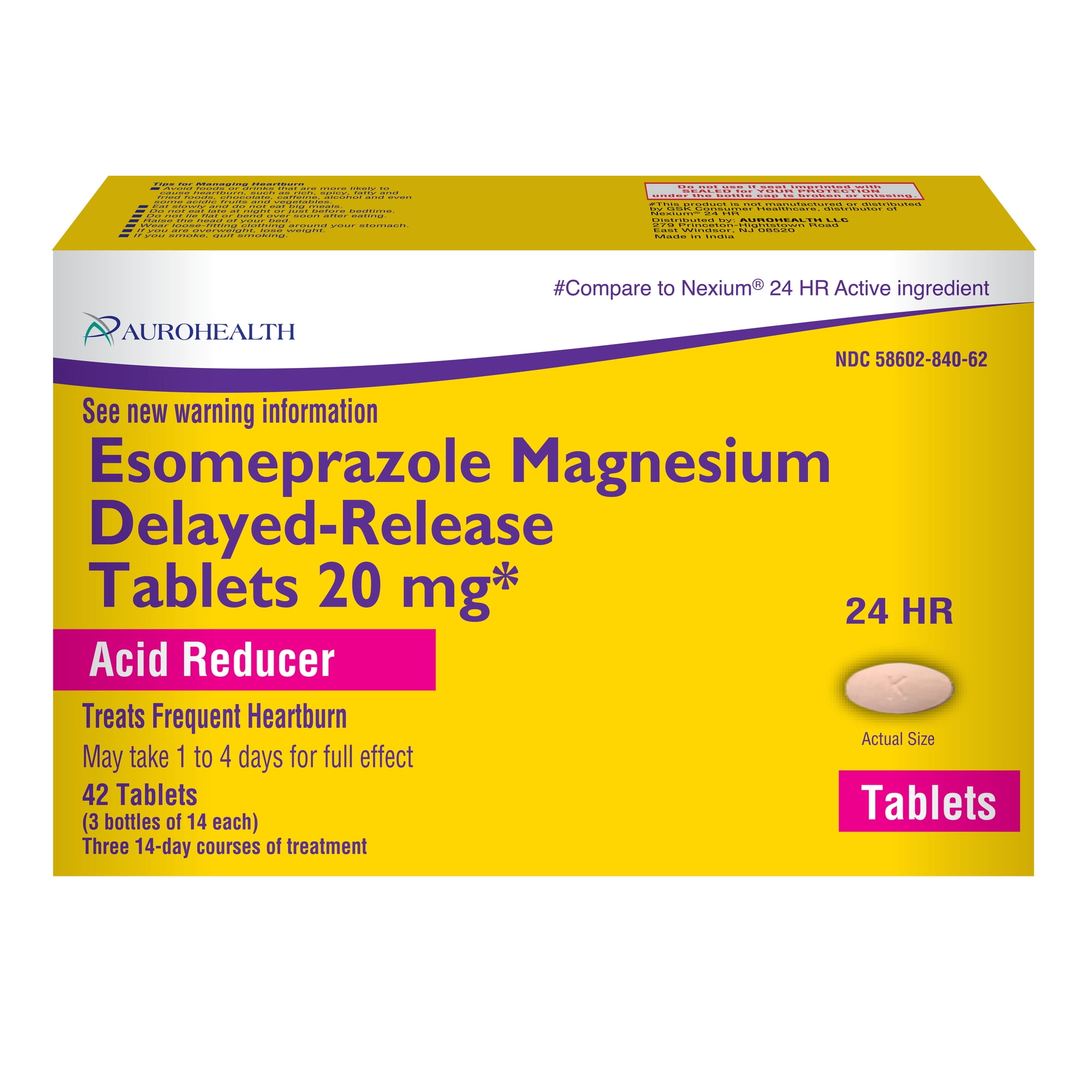 Aurohealth Acid Reducer for Frequent Heartburn Relief, 20 mg Esomeprazole Magnesium, 42 Tablets