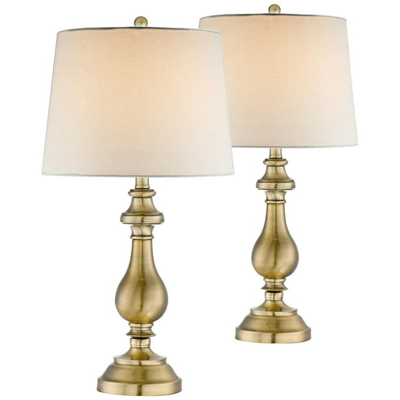 Regency Hill Fairlee Traditional Candlestick Style Table Lamps 26" High Set of 2 Antique Brass Gold White Fabric Drum Shade Decor for Living Room Bedroom House Bedside Nightstand Home Office