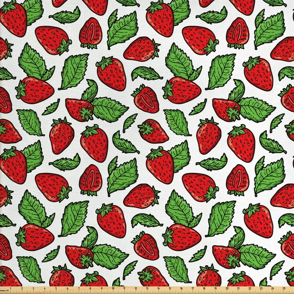 Fruit Fabric by the Yard Upholstery, Juicy Strawberries with Leaves Yummy Food Organic Charming Sweets Graphic Design, Decorative Fabric for DIY and Home Accents, Red Fern Green by Ambesonne