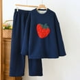 thumbnail image 2 of Women's Sherpa Pajama Set Casual Crew Neck Long Sleeve Blouse Wide Leg Pants Thermal Fleece Loungewear Navy XL, 2 of 3