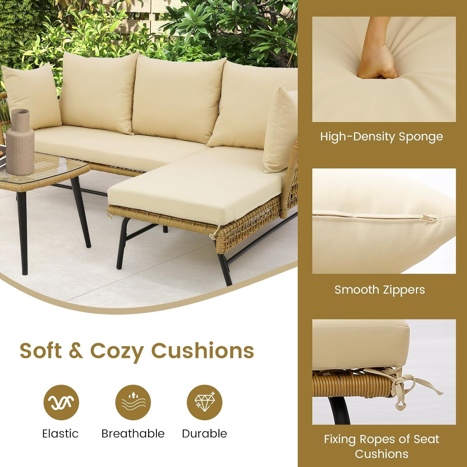 Set of 3 L-Shaped Patio PE Rattan Sofa Set Sectional Sofa Furniture Set with Cushions and Tempered Glass Table Beige