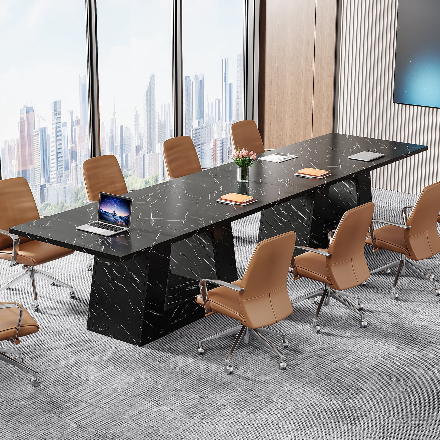 Tribesigns 63" Dining Table, Light Brown Wood Table Kitchen Table with Double Pedestal