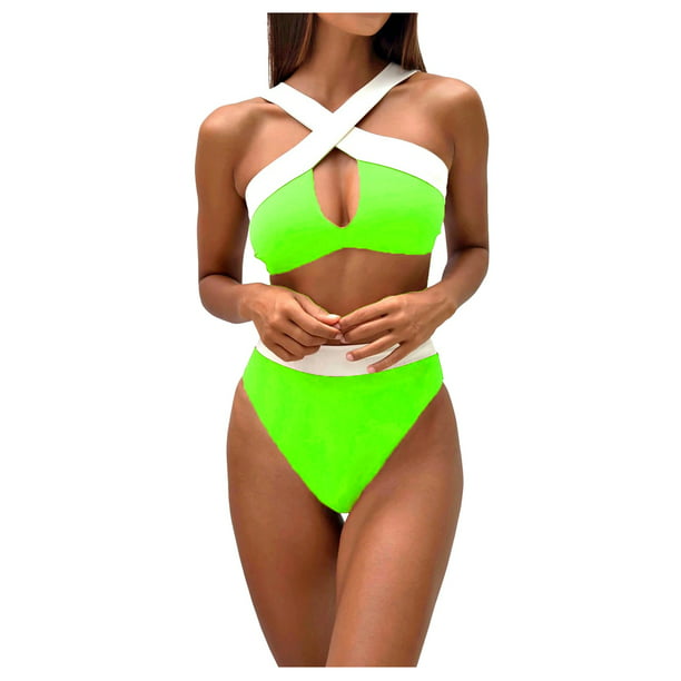 TOWED22 Women Plus Size Bikini High Waist Tummy Control Swimsuit V Neck Two  Piece Bathing Suits(Green,L)