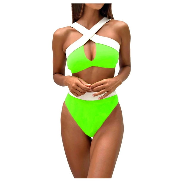 TOWED22 Women Plus Size Bikini High Waist Tummy Control Swimsuit V Neck Two  Piece Bathing Suits(Green,L)