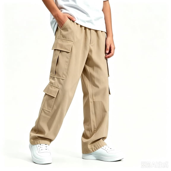 TKKCS Boys Wide Leg Cargo Pants Multi Pockets Casual Elastic Waist Relaxed Fit Twill Pants for School Outdoor Khaki 9-10 Years