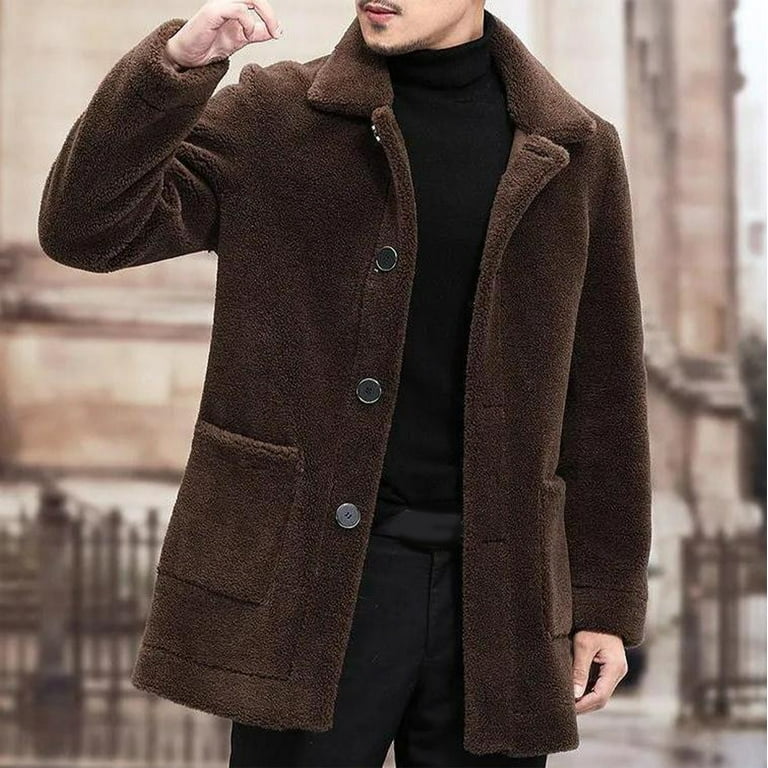 SSAAVKUY Men's Button Up Wool Plush Car Coat Winter Shearling Coat