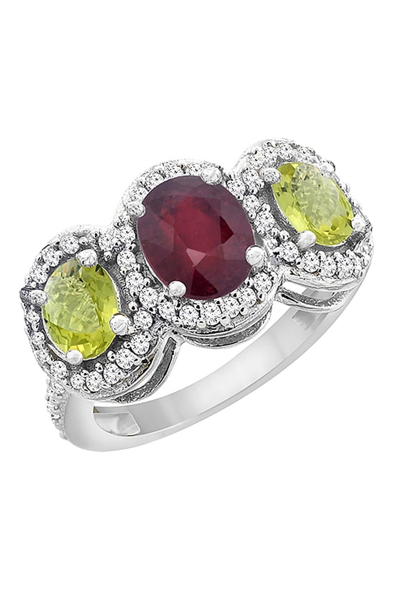 10K White Gold Natural HQ Ruby & Lemon Quartz 3-Stone Ring Oval Diamond Accent, size 10