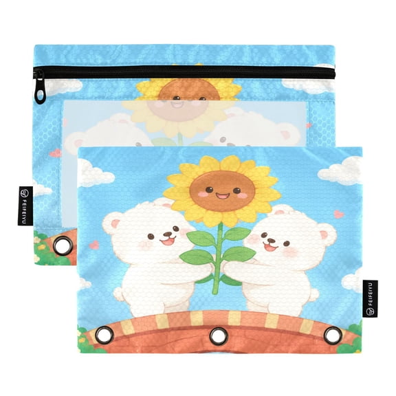 2 Pack 3 Ring Binder Pouch with Clear PVC Window Water Resistant Zipper Pencil Pouch Cute Bears Sunflower Graphic Binder Pocket for Classroom Office Home Stationery Organization
