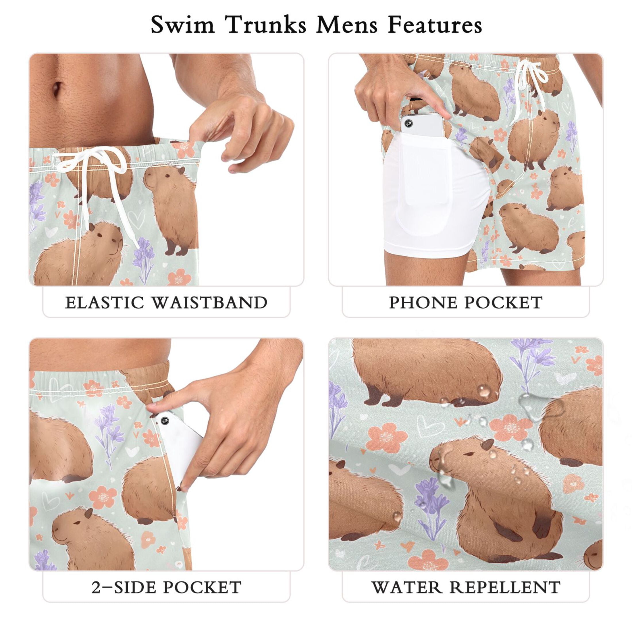 joogoo Men's Cute Capybara Floral Swim Trunks with Liner Pocket Beach Shorts L