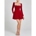 thumbnail image 4 of Women's Velvet Bodycon Midi Dresses Elegant Long Sleeve Square Neck Ruffle Hem Cocktail Party Dress Red S, 4 of 10