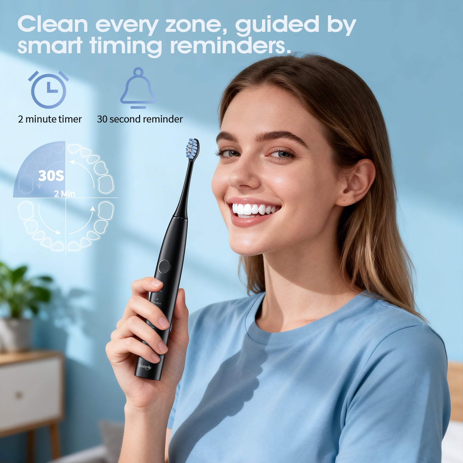 OasiSmile Sonic Electric Toothbrush Set for Adults with Travel Case, 6 Brush Heads, 100-Day Battery Life, 5 Modes 42000 VPM Rechargeable Power Toothbrush, Black