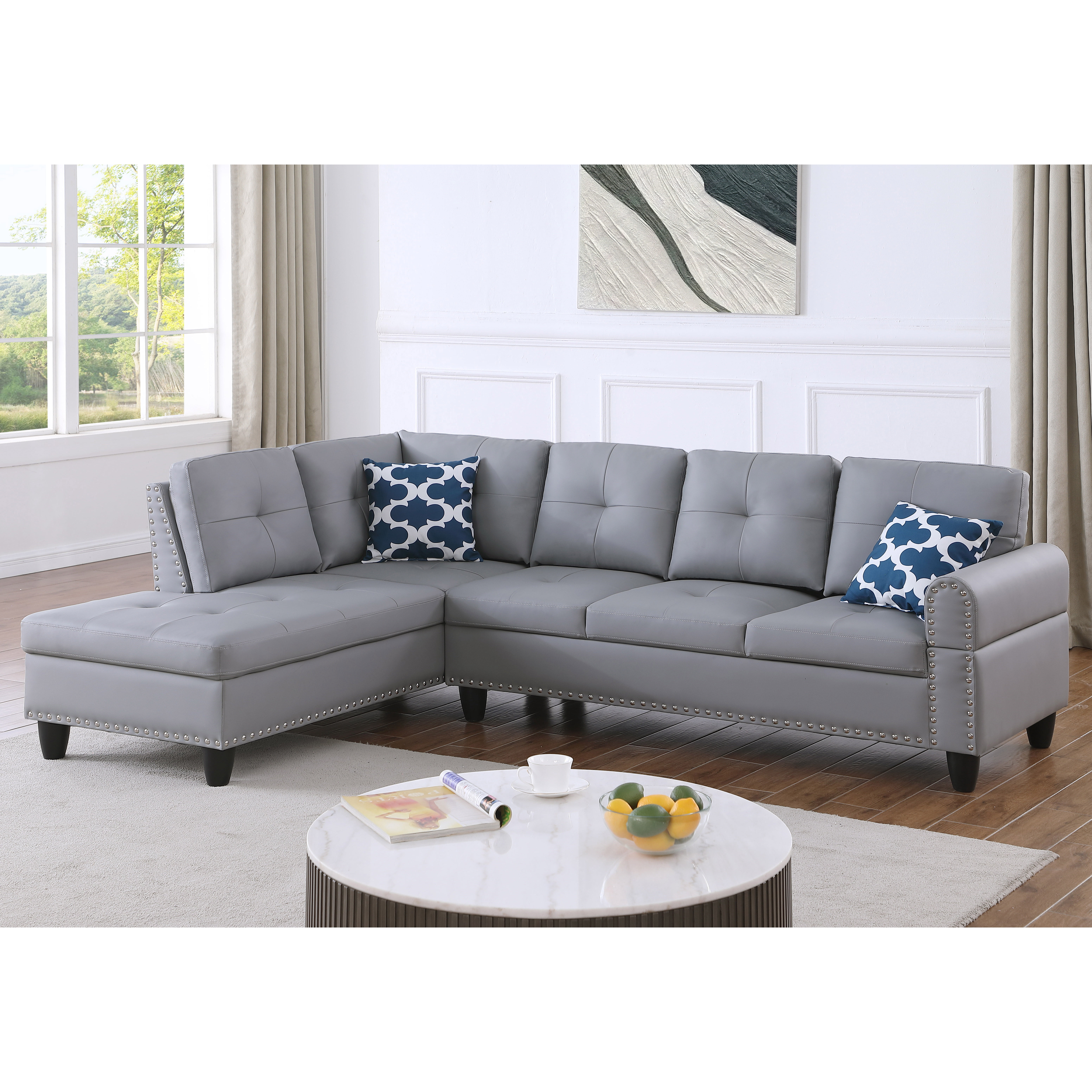 Gewnee L-Shaped Sectional Sofa with Nailhead Trim, Fold-Down Cup Holder, Storage Ottoman & 2 Toss Pillows for Living Room, Gray