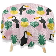 SKYSONIC Toucans Pineapples Round Tablecloth 60inch Indoor Wrinkle Free, Summer Tropical Leaves Circular Lace Table Cover Washable for Kitchen Party BBQ Dining Decor