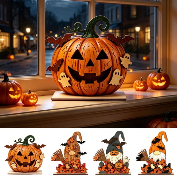 CSEONE Indoor Halloween Decor, 2D Halloween Pumpkin Ghost Table Decor, Wooden Standee Mantel Shelf Decoration, Flat Halloween Decor for Festive Party Display, A