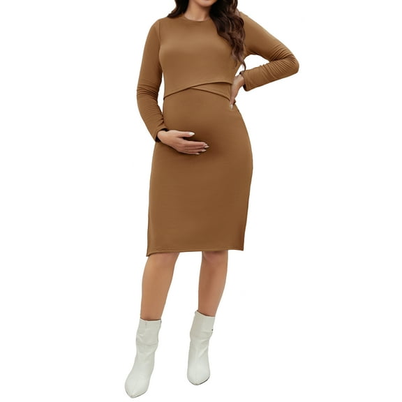 INSPIRE CHIC Womens Maternity Dress Long Sleeve Soft Round Neck Bodycon Midi Pregnancy Dress S Brown