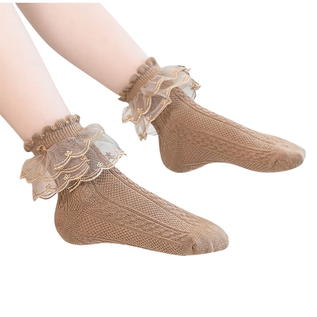 FAIWAD 3 Pair Girls Cotton Lace Socks Ruffle Frilly Princess Mid-Length Socks Solid Color Breathable Crew Socks