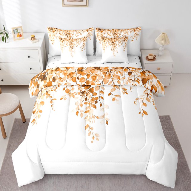 Erosebridal Eucalyptus Leaf Bedding Queen Comforter Set, Orange Down Comforter, Spring Plant Decor, Reversible 7-Piece
