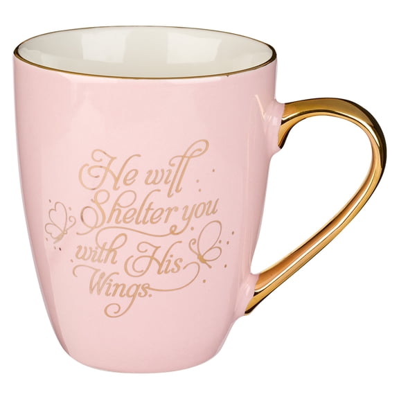 Christian Art Gifts Comforting Large Ceramic Coffee and Tea Mug with Gold Accents for Women: He Will Shelter You - Psalm 91:4 Inspirational Bible Verse, Novelty Hot and Cold Beverage Cup, 16 oz.