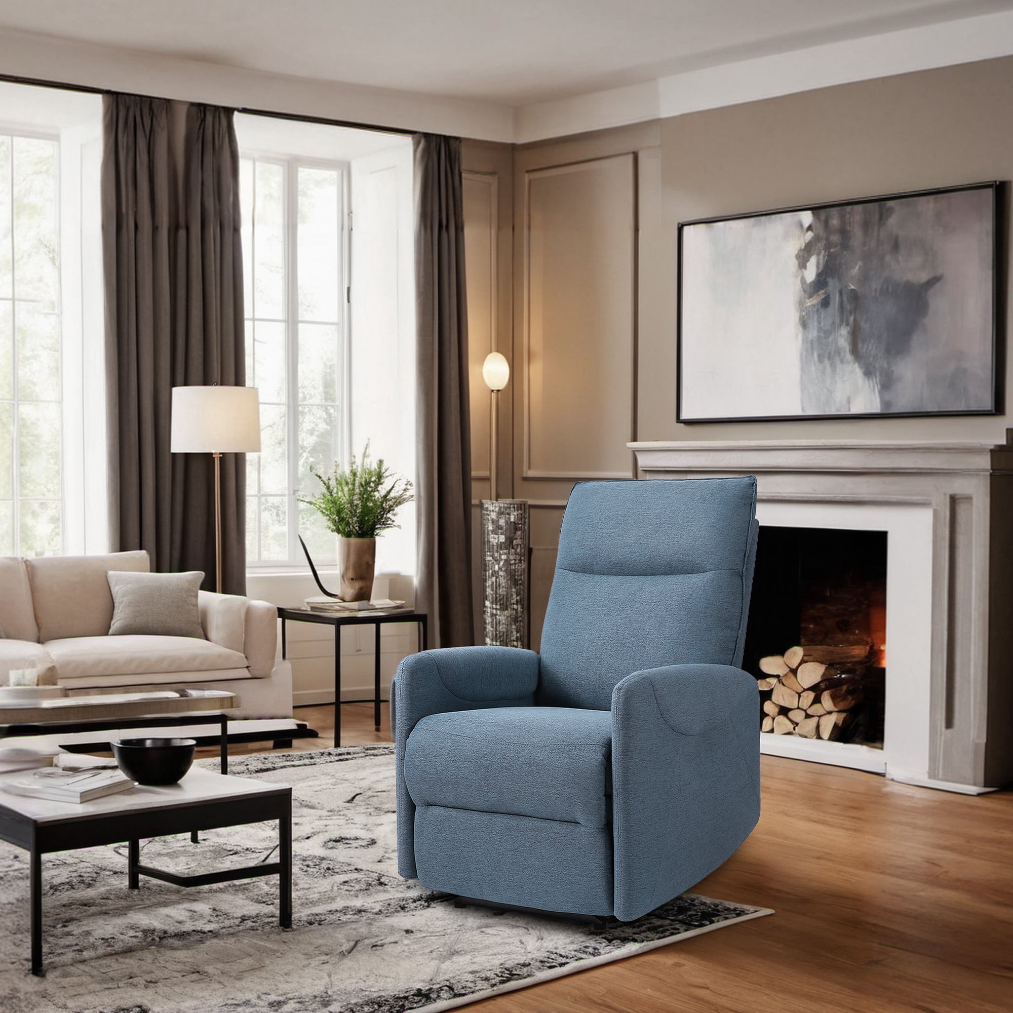 MARNUR Electric Recliner Chair with USB Charge Port, Weight Capacity 360lb, One Button Free Control Angle, Fluffy Plush Backrest, Linen, Blue