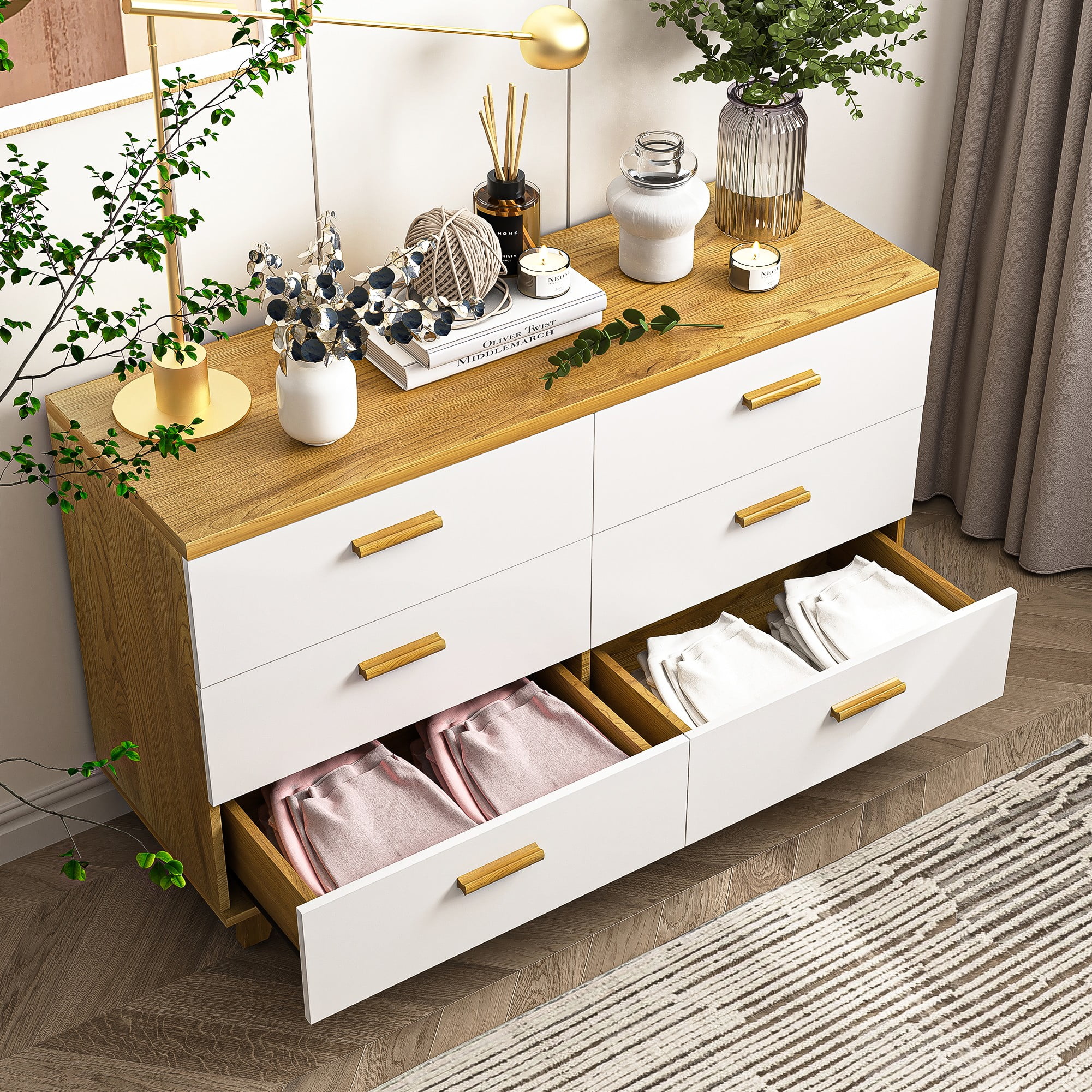 Finihen 6 Drawers Chest of Dressers, Wood Double Dresser Storage Cabinet with Handle Table Leg for Bedroom, Living Room and Hallway, Beige Finihen 6 Drawers Chest of Dressers, Wood Double Dresser Storage Cabinet with Handle Table Leg for Bedroom, Living Room and Hallway, Beige