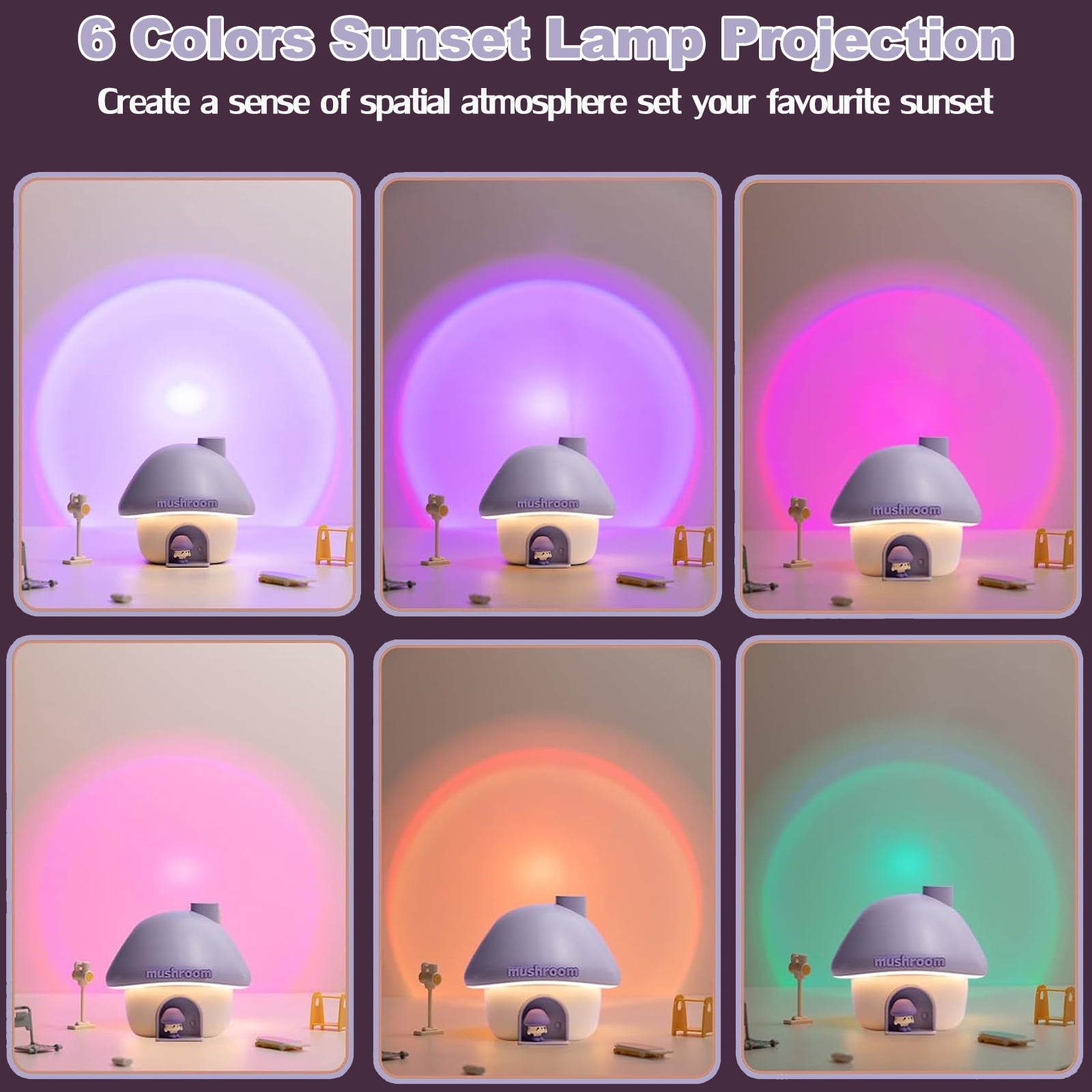 Humidifier for Bedroom, 300ML Cute Mushroom Humidifier with Night Light & 7 Colors Sunset Lamp Projection, Rechargeable Cool Mist Small Humidifier, Mini Humidifier Gifts for Kids Boys Girls