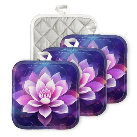 

BaHomeck Heat Resistant Hot Pads 4 pack Lotus Flower Surrounded By Sacred Geometry Square Pot Holder for Kitchen Cooking oven And BBQ grill with Hanging Loop Potholder machine washable