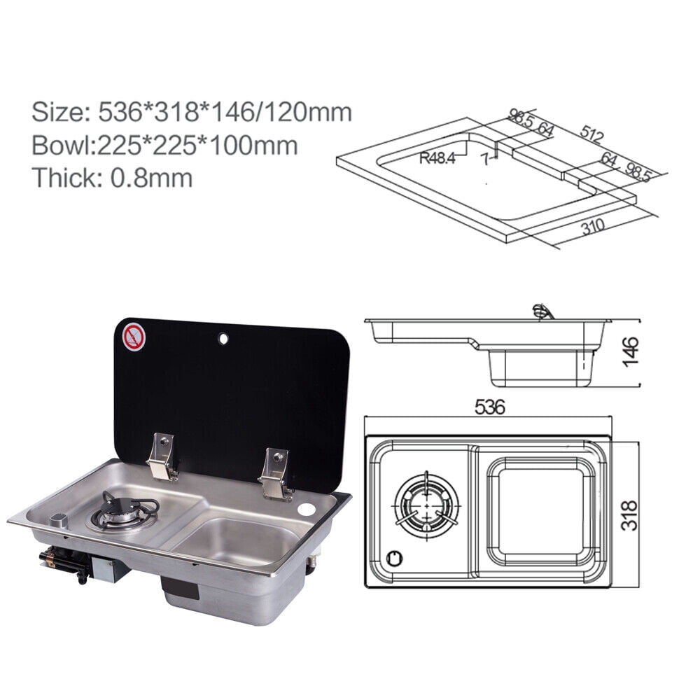 Miumaeov 1 Burner LPG Gas Stove Hob Cooktop +Sink Comb with Tempered Glass Lid for Boat Caravan RV Camper Motorhome