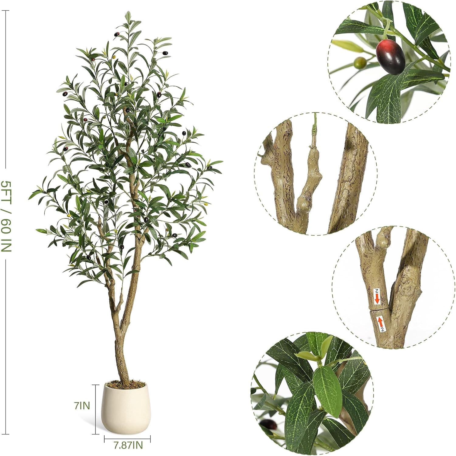 EastVita 5FT Faux Olive Tree Tall,Olive Trees Artificia Indoor with White Planter and Green Moss, Fake UV Resistant Artificial Tree,for Home Office Living Room Bedroom Stairs Foyer Decor