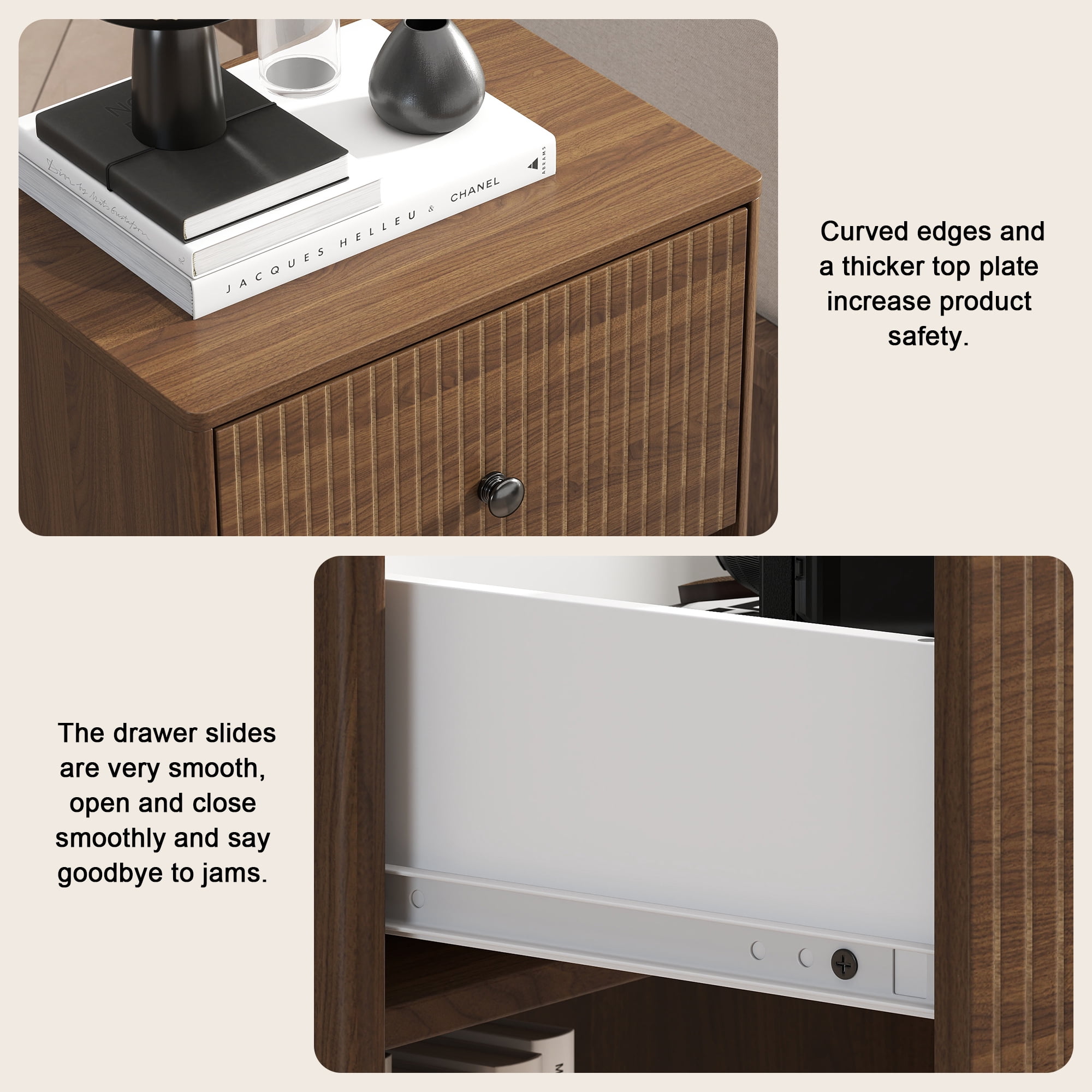 Fluted Nightstand Set of 2, Mid Century Bedside Tables with Drawer & Storage, Small End Tables for Bedroom, Walnut