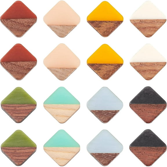 16pcs Resin Two Tone Square Cabochons - Without Hole 13.5mm Blanks - Vintage Resin Wood Statement for Necklace Earring DIY Jewelry Making - 8 Colors DIY Mixed Color