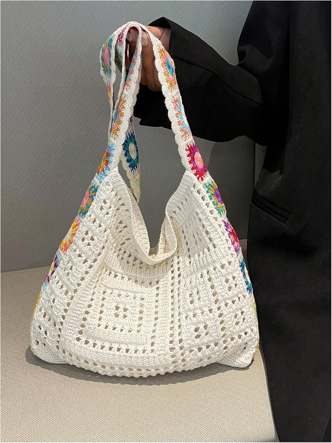 CAILDANL Women's Boho Embroidery Crossbody Bag Hollow Out Crochet Knit Shoulder Bag Tote Handbag