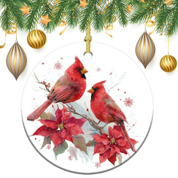 Winter Cardinal Birds Christmas Ceramic Ornament Christmas Holiday Customized Round Ceramic Ornament Christmas Tree Decorations Funny Gifts for Women/Men