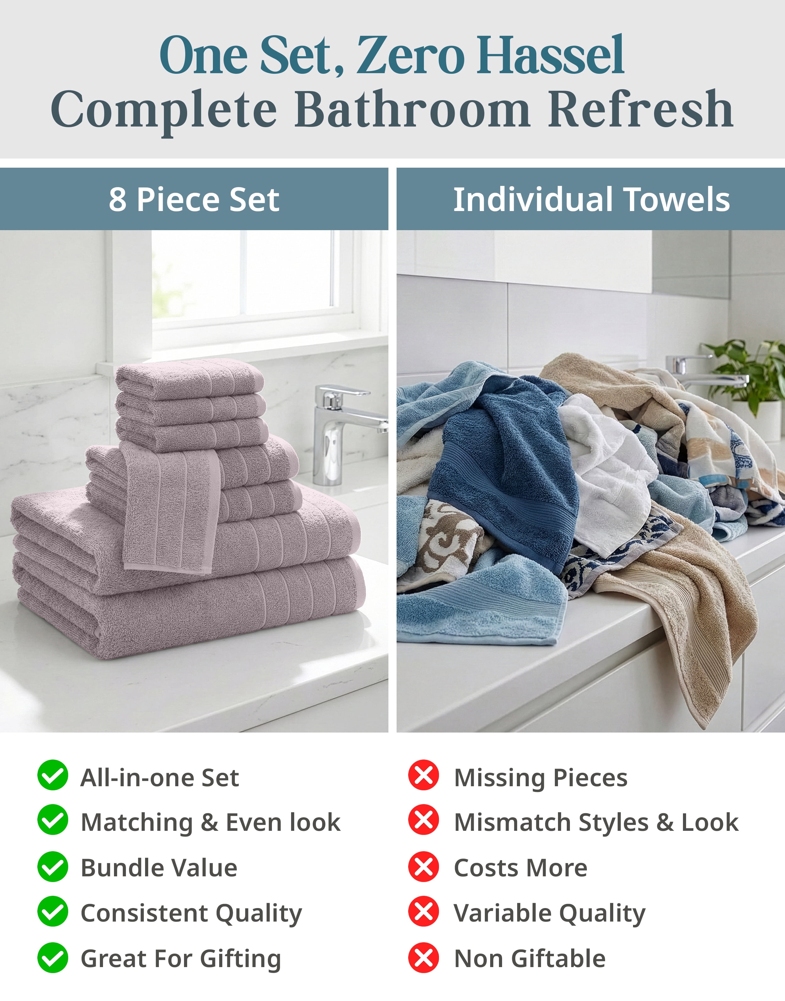 Casa Platino 100% Ring-Spun Cotton Bath Towel Set of 8– 2 Bath, 2 Hand Towel & 4 Washcloths, Quick-Dry, Luxuriously Soft & Durable, Perfect for Everyday use – Platinum