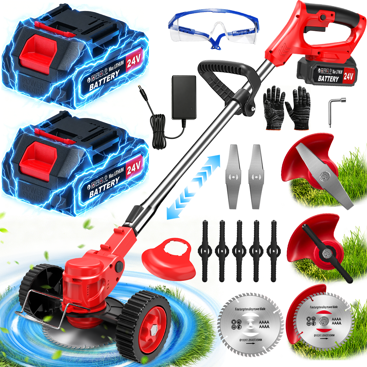 TNTANTS Electric Weed Wacker, Cordless String Trimmer with Wheels, 2Pcs 24V Batteries, 3 Types of Blades, Adjustable Length, Weed Eater Grass Trimmer/Edger/Brush Cutter for Lawn Yard Garden (Red)