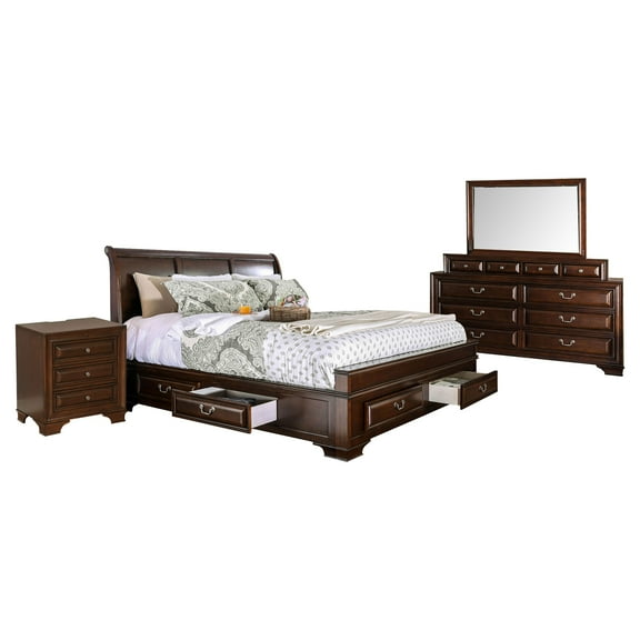 Lio Four Piece Queen Size Bedroom Set, Cherry Brown Wood Inlay Design, Silver Metal Handles