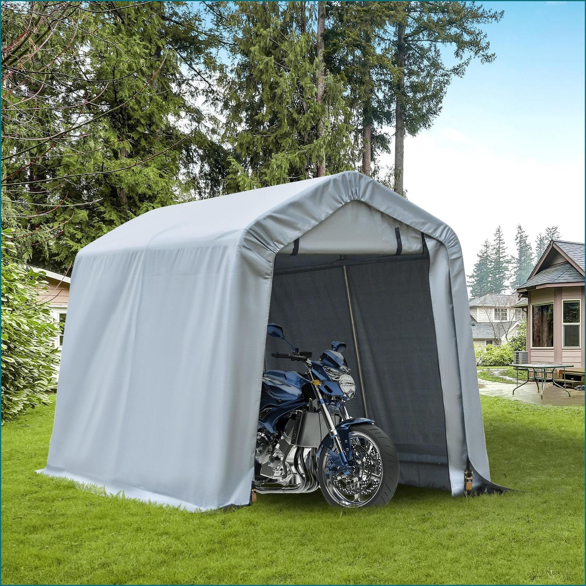 Carports 6' x 8' Portable Garage Shelter, Anti-UV for Motorcycle Garden Tools, Double Zipper Doors, Light Gray|Gray|Galvanized Steel