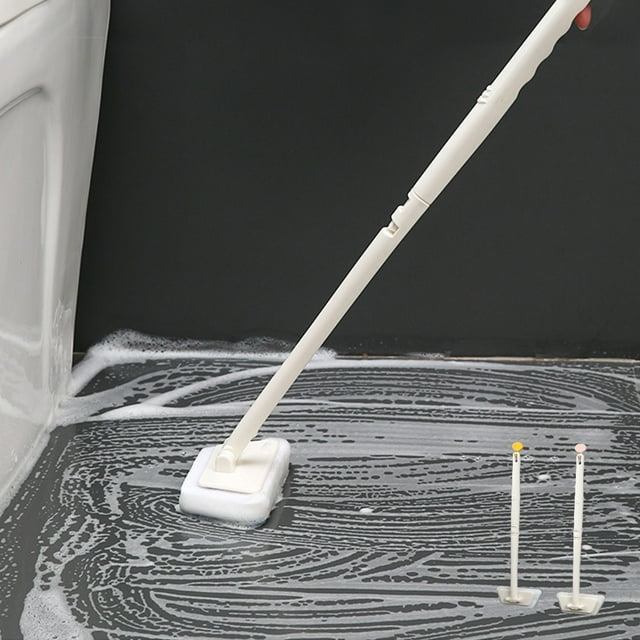 Paquete de 2 cepillos de baño plegable de mango largo | Cabeza giratoria ajustable, esponja de alta eficiencia y sin arañazos, plástico blanco | Limpiador de baño, cocina, baldosas, paredes, bañeras