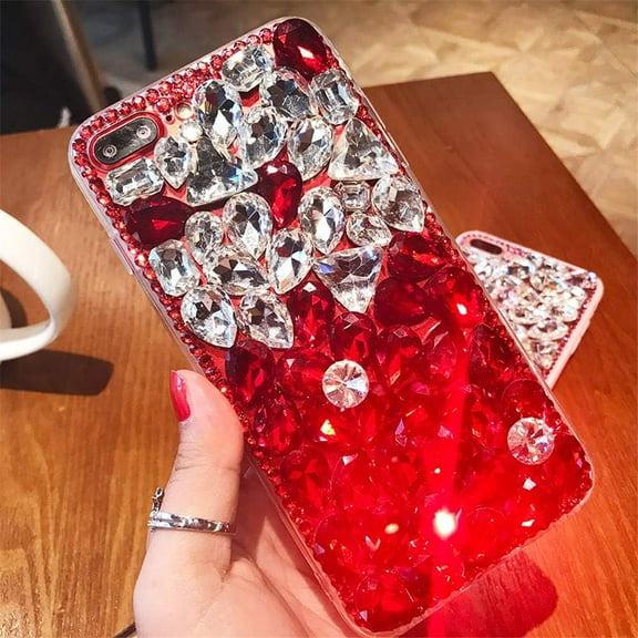 Case for Galaxy A32 5G,3D Handmade Luxury Sparkle Stunning Stones Crystal Rhinestone Bling Diamond Glitter Phone Case for Samsung Galaxy A32 5G(A White/Red)