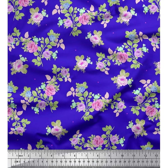 Soimoi Viscose Chiffon Fabric Leaves, & Rose Floral Printed Craft Fabric by The Yard 42 Inch Wide