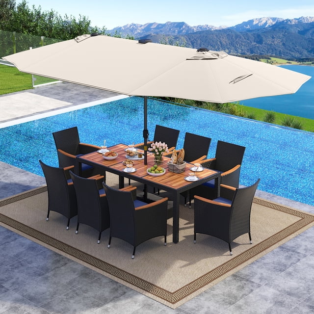 Gymax 11 PCS Patio Dining Set w/ 15ft Double-Sided Patio Umbrella (Base Included) Beige