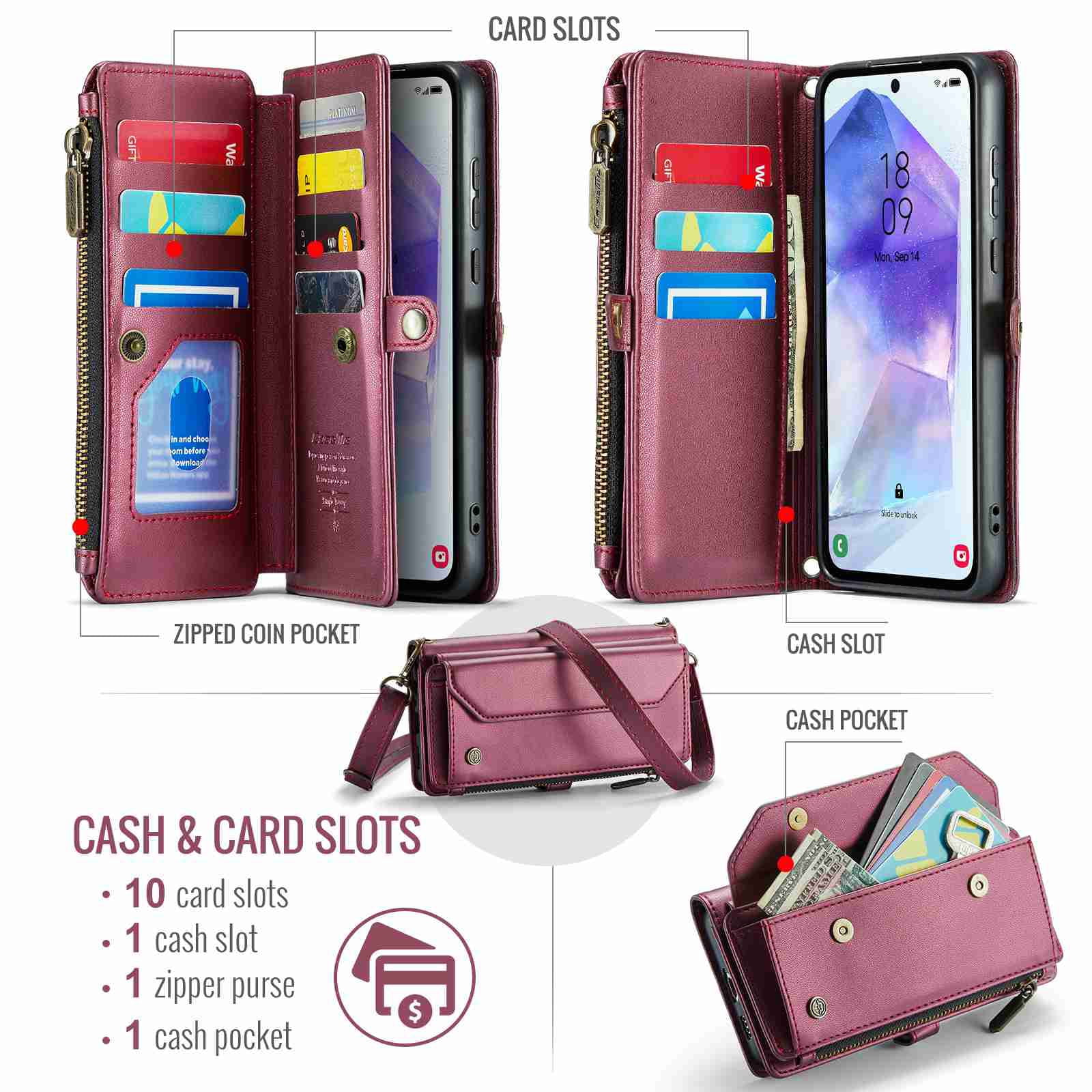 Dteck for Samsung A23 Case with RFID Blocking Wallet Case for Women Men, Shockproof PU Leather Magnetic Flip Strap Zipper Card Holder Phone Case,Winered