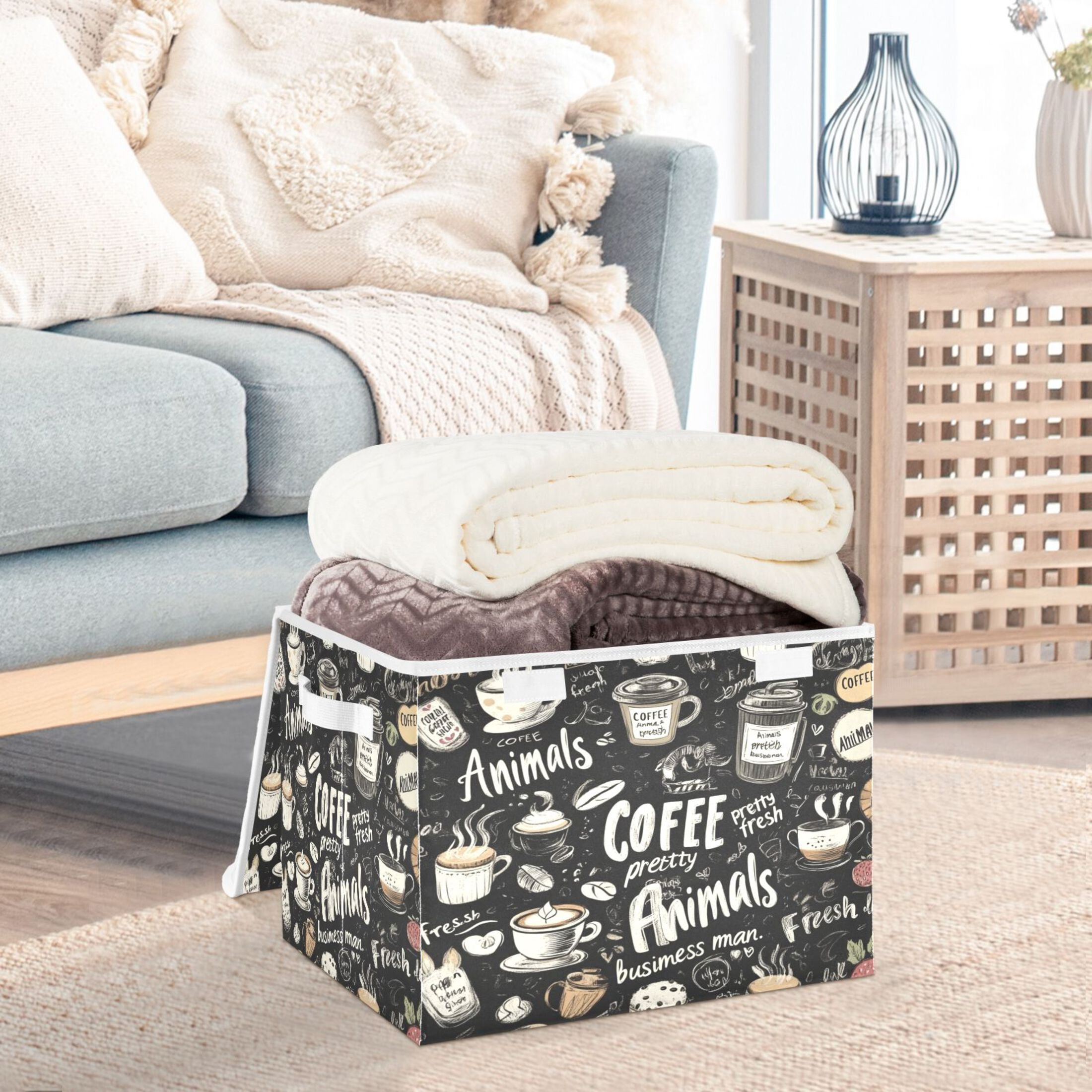 WOBOGO Coffee Picture Large Collapsible Storage Box Flip Lid Fabric Decorative Organizer Container Basket with Handles 16.5×12.6×11.8in