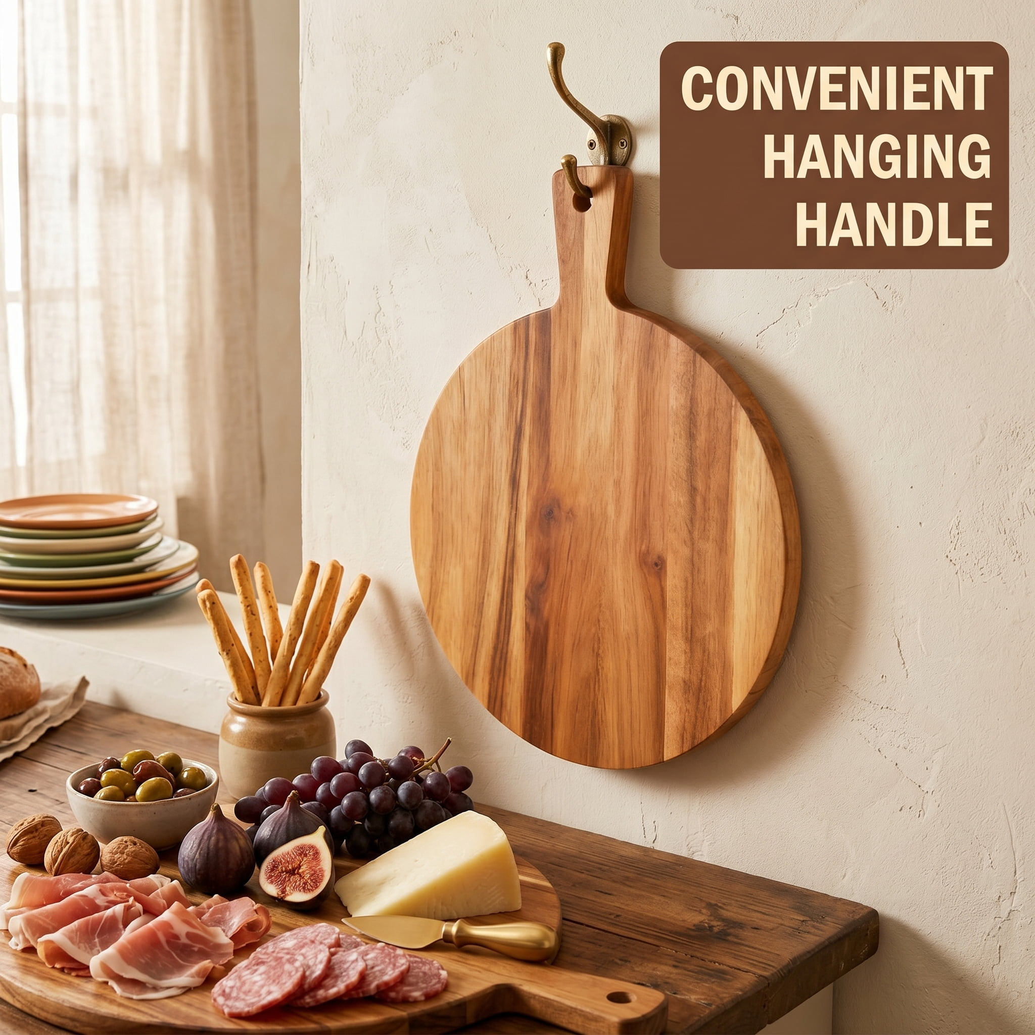 Acacia Wood Charcuterie Board, 12 Inch Round Tray with Handle, Multipurpose Acacia Wood Cutting Board for Cheese, Bread, Meat and Pizza Serving