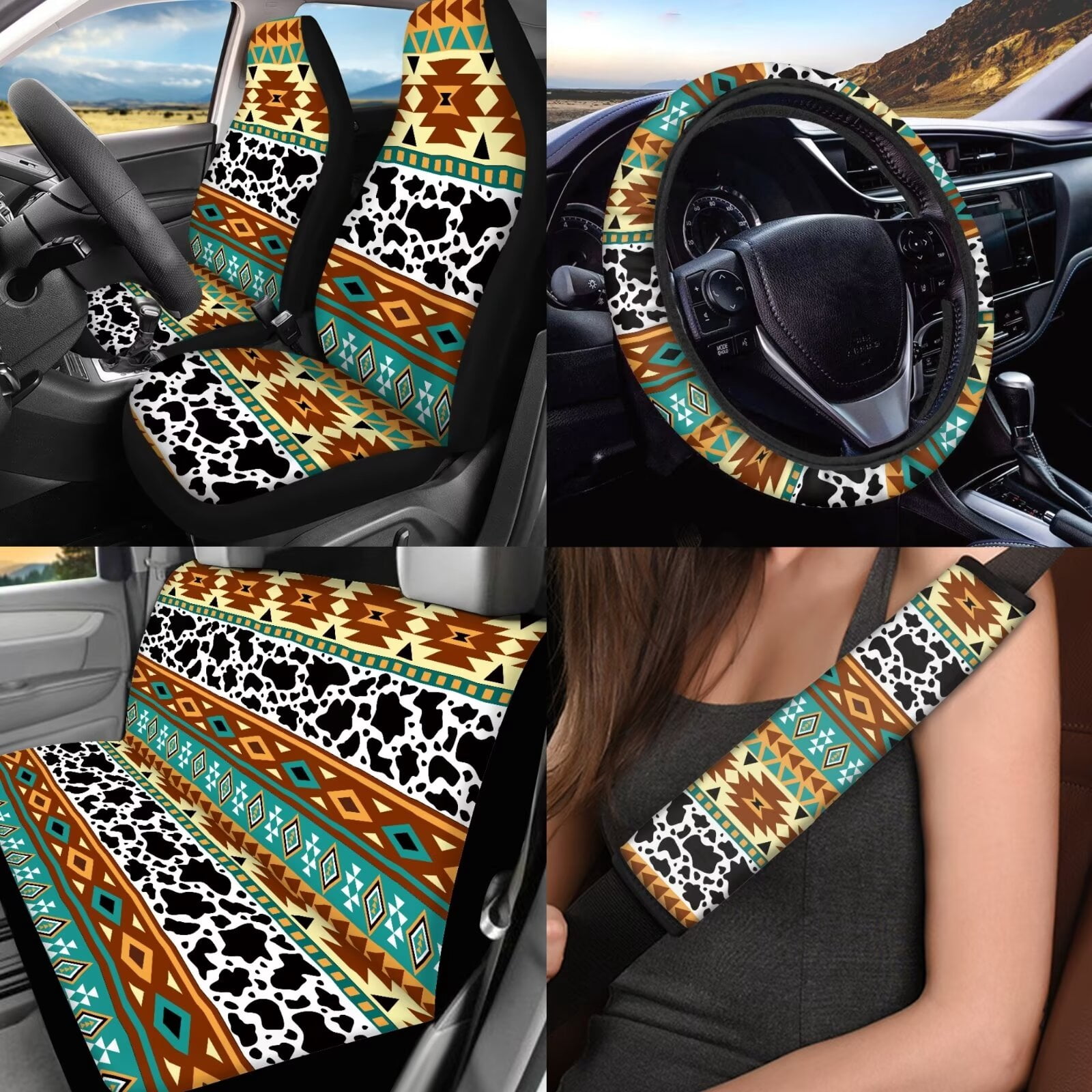 KUIFORTI Cow Print Car Seat Covers Full Set with Steering Wheel Cover Boho Car Accessories for Women Front Rear Seat Covers Wrist Strap Seat Belt Cover for SUV Car