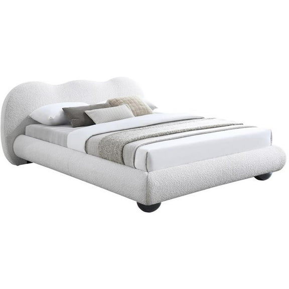 Maklaine Contemporary Boucle Fabric Queen Bed in Cream Finish