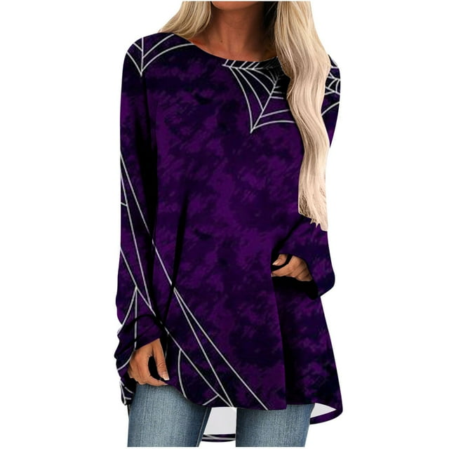 HKEJIAOI Chemise d'Halloween pour Femmes Manches Longues Col Rond Imprimé Graphique Mode Célébration d'Halloween Haut pour Femmes Violet