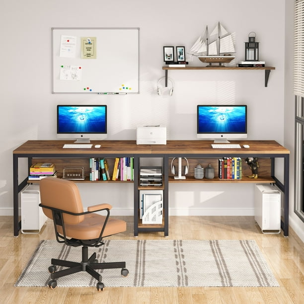 78.7 Two Person Desk with Bookshelf Office Double Desk for Two Person Brown Wood Finish