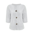 thumbnail image 4 of HongQid Women's Linen Shirt Loose T-shirts V-neck Button-down Basic Short Sleeve Tee Tops, 4 of 6