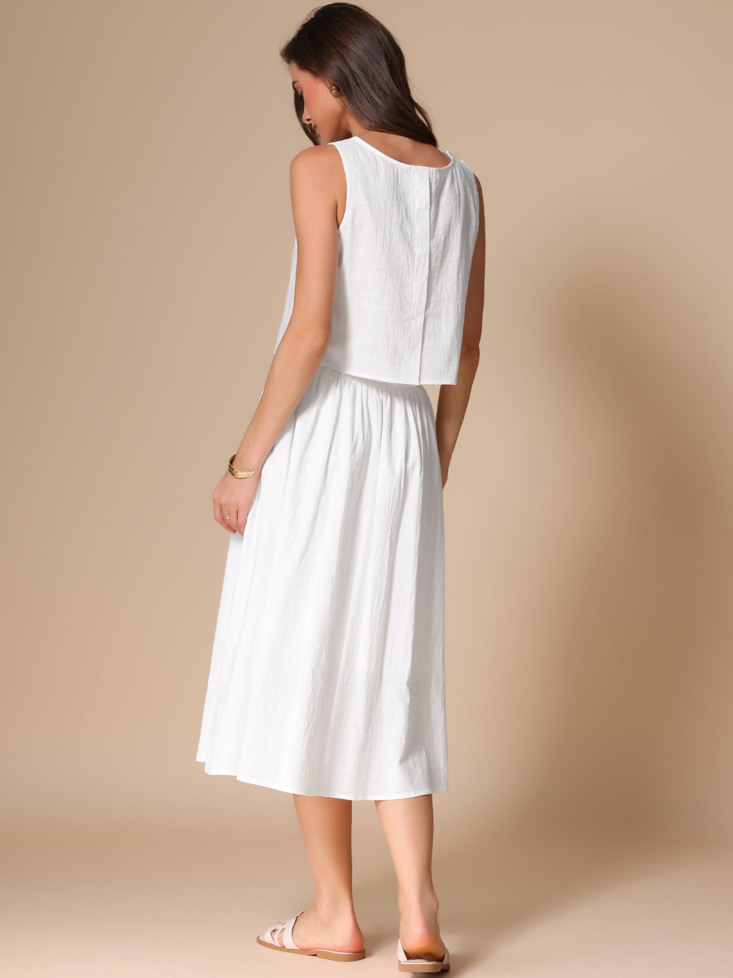 DARING DIVA Women's 2 Piece Round Neck Sleeveless Crop Top Midi Skirt Suit Set XS Beige