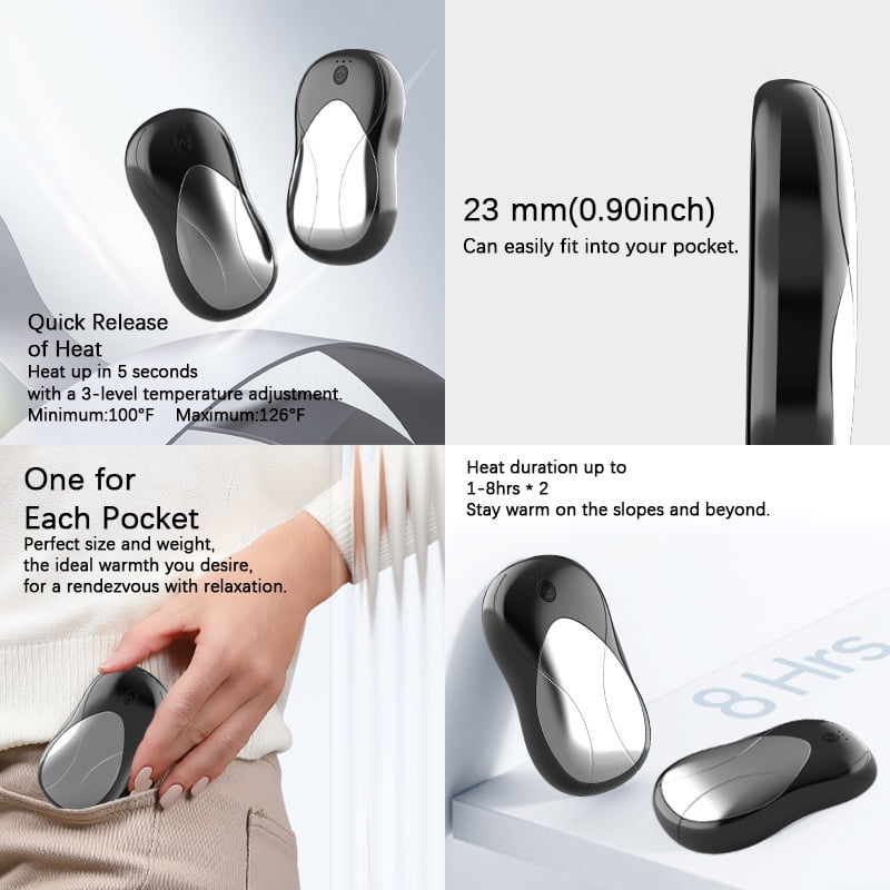 Hand Warmers Rechargeable 2 Pack Portable Pocket Size 3 Heat Settings Magnetic Attraction Electric Hand Warmer for Outdoors Hunting Golf Camping Warm Gifts（Silver+Black）